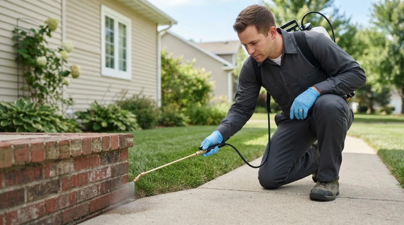 Pest control technician treating a home near Wausa, NE